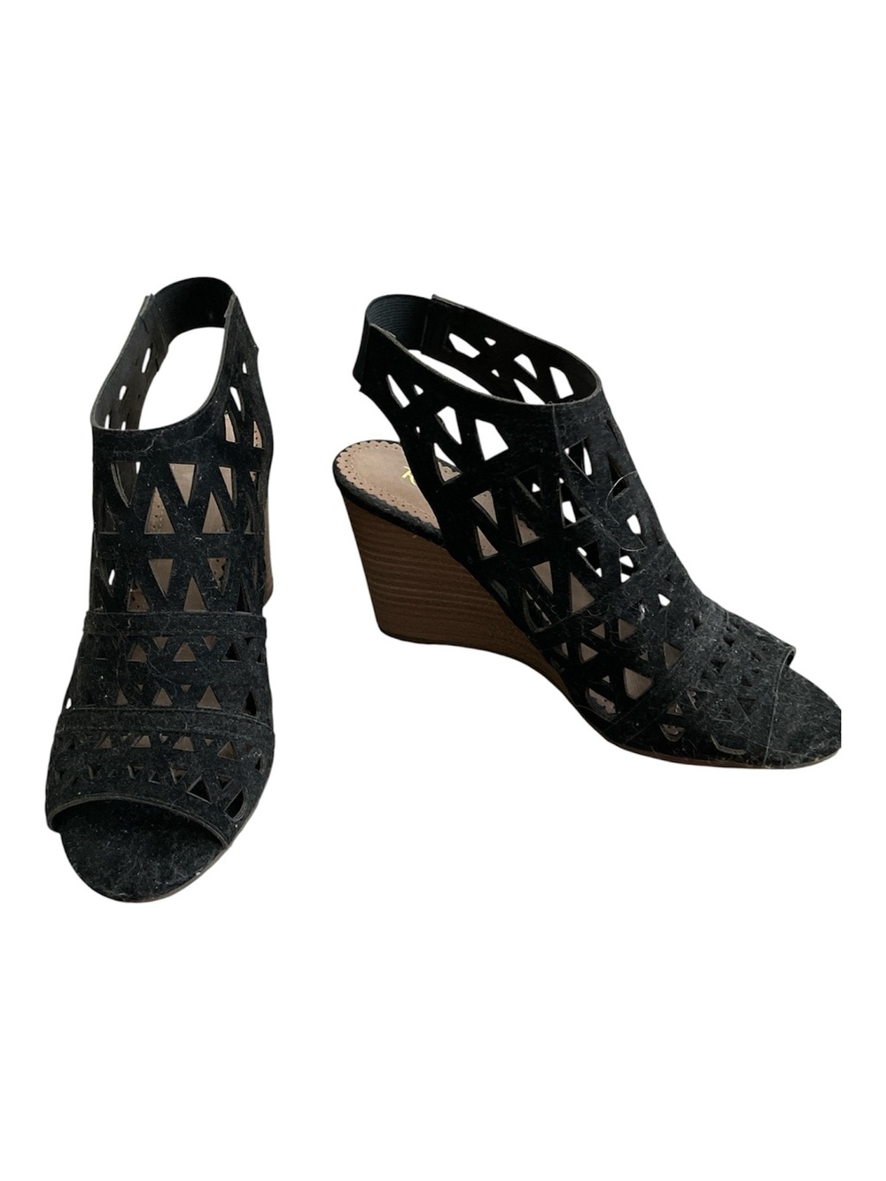 Restricted Black Geometric Cutout Wedge Sandals
